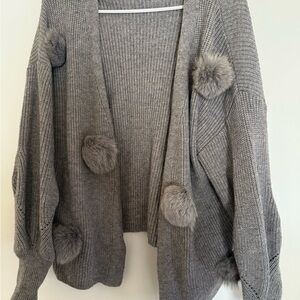 Gray Ribbed Knit Cardigan with Pom-Poms